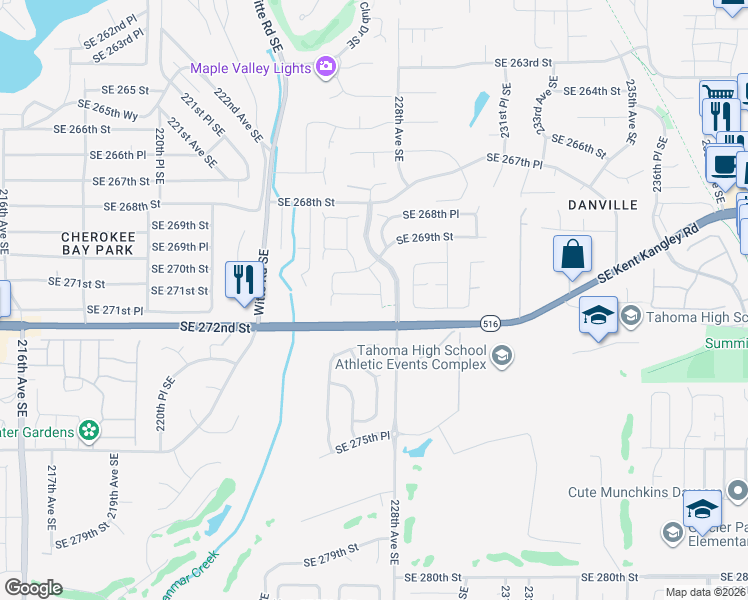 map of restaurants, bars, coffee shops, grocery stores, and more near 27103 227th Place Southeast in Maple Valley