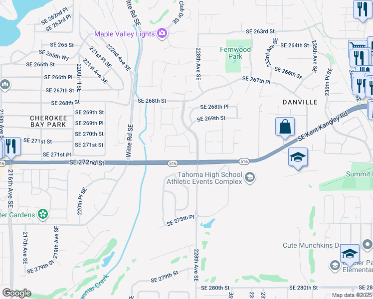 map of restaurants, bars, coffee shops, grocery stores, and more near 27004 227th Place Southeast in Maple Valley