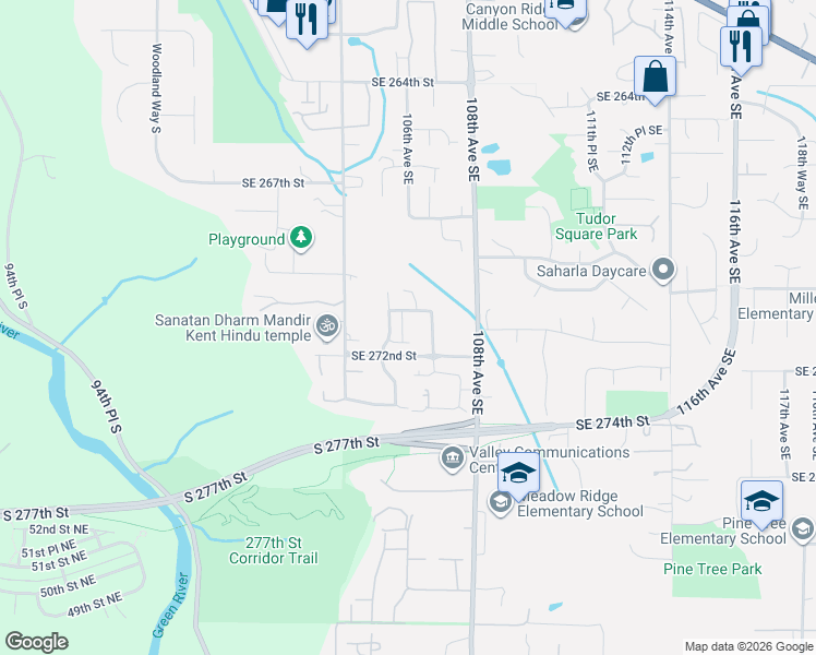 map of restaurants, bars, coffee shops, grocery stores, and more near 27120 105th Place Southeast in Kent