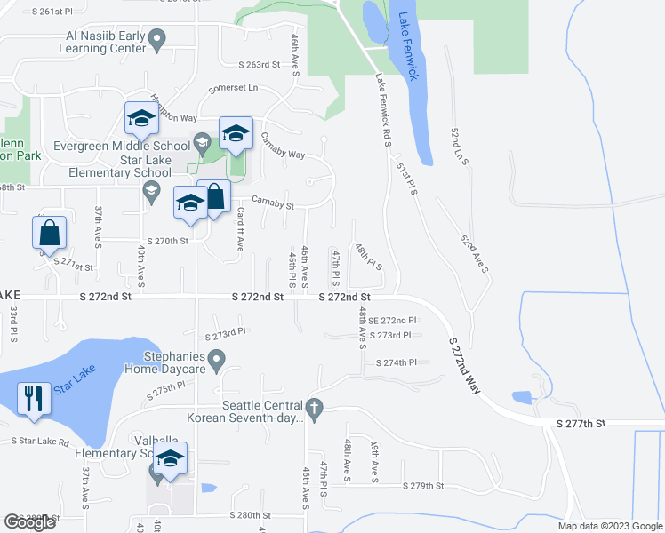 map of restaurants, bars, coffee shops, grocery stores, and more near 105 47th Place South in Kent