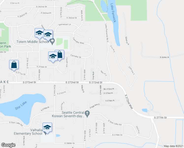 map of restaurants, bars, coffee shops, grocery stores, and more near 105 47th Place South in Kent