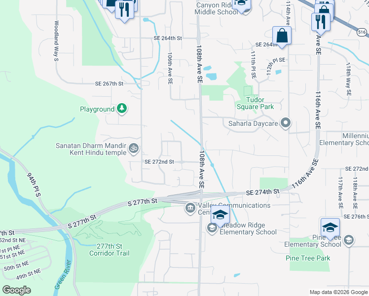 map of restaurants, bars, coffee shops, grocery stores, and more near 27112 106th Avenue Southeast in Kent