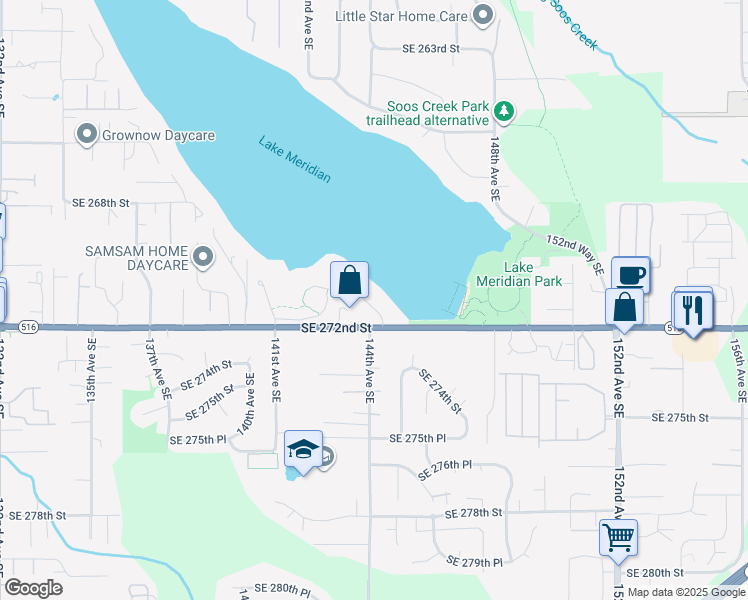 map of restaurants, bars, coffee shops, grocery stores, and more near 14416 Southeast 270th Place in Kent
