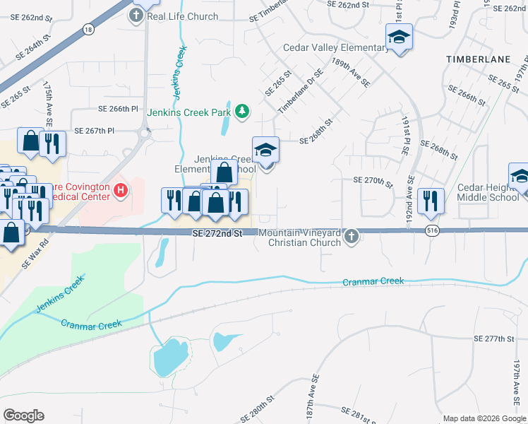 map of restaurants, bars, coffee shops, grocery stores, and more near 18518 Southeast 271st Place in Covington