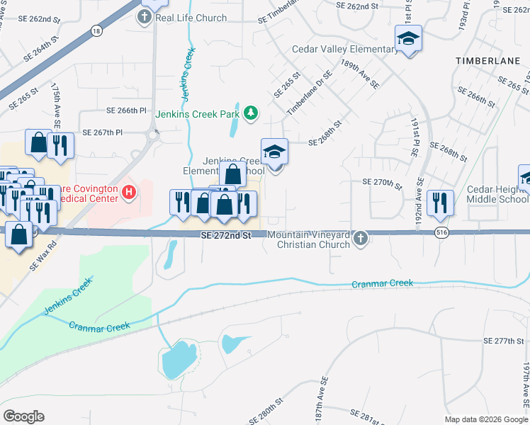 map of restaurants, bars, coffee shops, grocery stores, and more near 18506 Southeast 271st Court in Covington