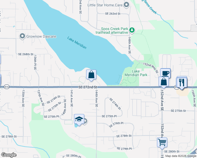 map of restaurants, bars, coffee shops, grocery stores, and more near 14416 Southeast 270th Place in Kent