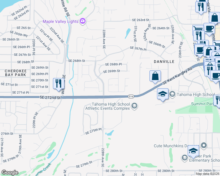 map of restaurants, bars, coffee shops, grocery stores, and more near 27015 228th Place Southeast in Maple Valley