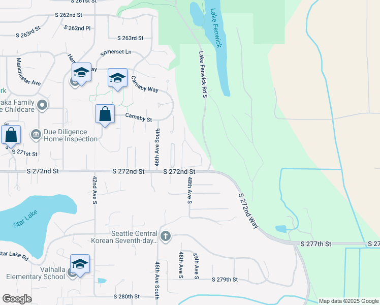 map of restaurants, bars, coffee shops, grocery stores, and more near 27025 48th Place South in Kent