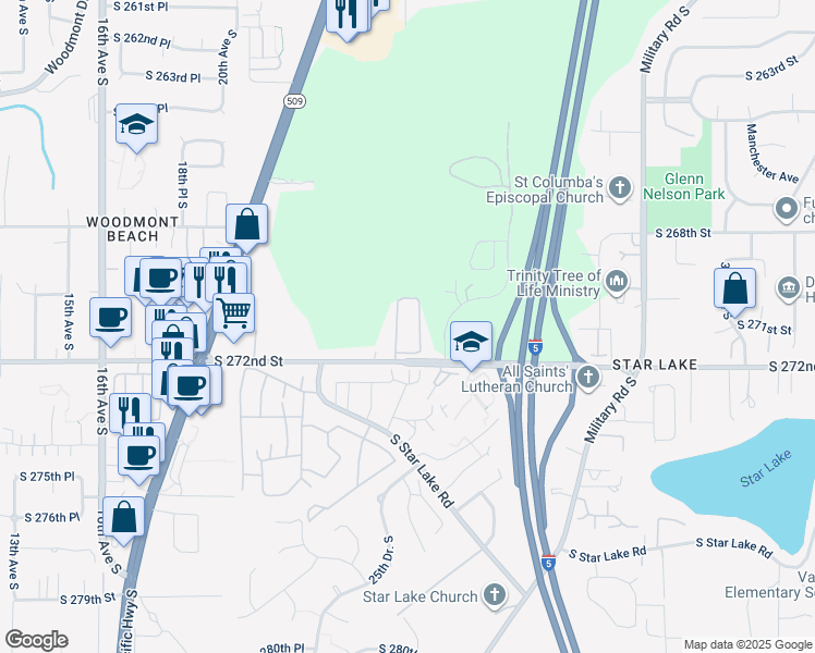 map of restaurants, bars, coffee shops, grocery stores, and more near 2500 South 272nd Street in Kent