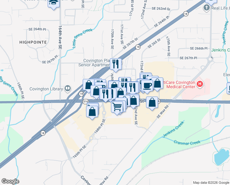 map of restaurants, bars, coffee shops, grocery stores, and more near 16913 Southeast 270th Place in Covington