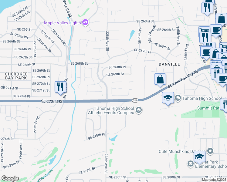 map of restaurants, bars, coffee shops, grocery stores, and more near 27015 228th Place Southeast in Maple Valley