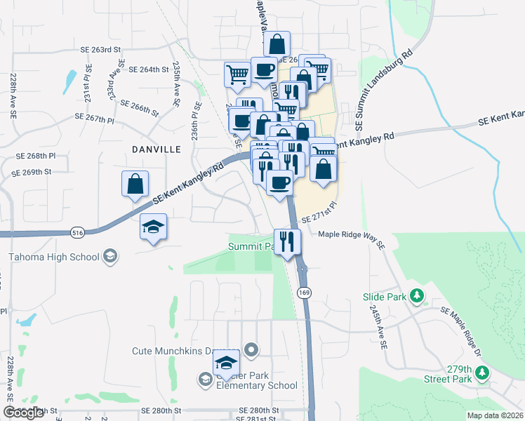 map of restaurants, bars, coffee shops, grocery stores, and more near 27058 Summit Park Way SE in Maple Valley