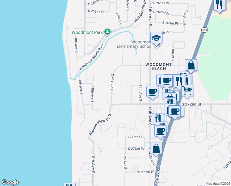 map of restaurants, bars, coffee shops, grocery stores, and more near 27022 12th Avenue South in Des Moines