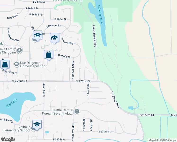 map of restaurants, bars, coffee shops, grocery stores, and more near 27025 48th Place South in Kent