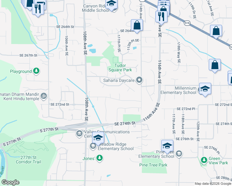 map of restaurants, bars, coffee shops, grocery stores, and more near 11021 Southeast 270th Street in Kent