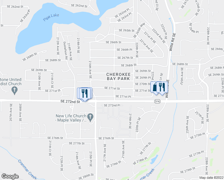 map of restaurants, bars, coffee shops, grocery stores, and more near 21675 Southeast 271st Street in Maple Valley