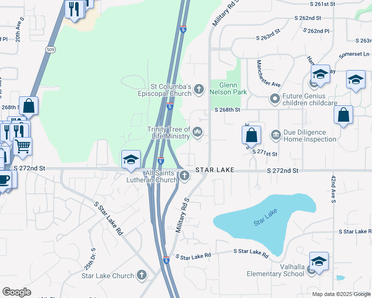 map of restaurants, bars, coffee shops, grocery stores, and more near 27027 30th Place South in Kent