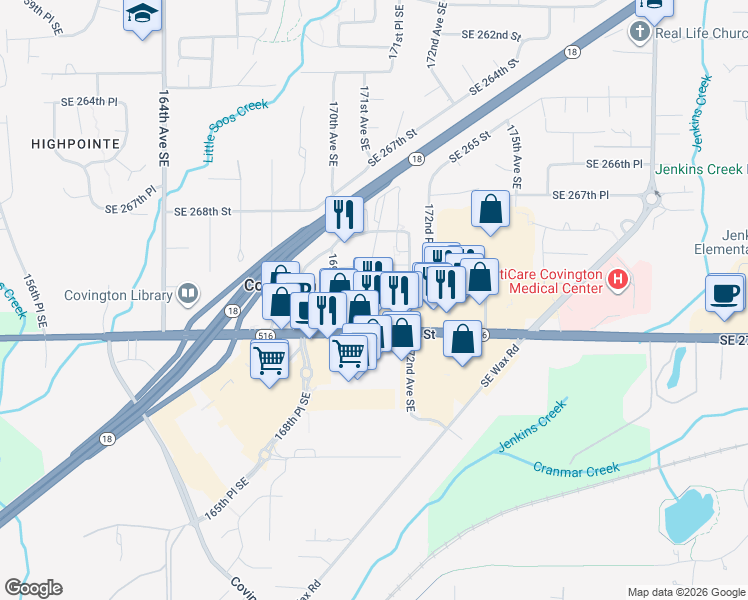 map of restaurants, bars, coffee shops, grocery stores, and more near 17002 Southeast 270th Place in Covington