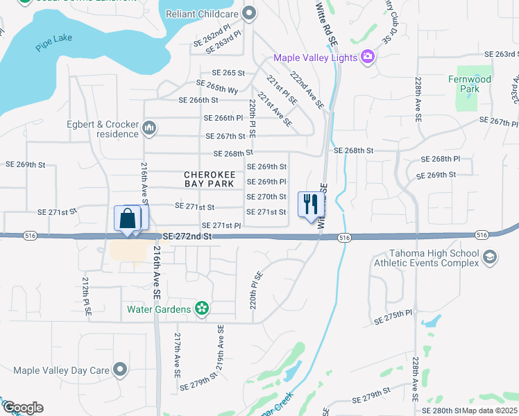 map of restaurants, bars, coffee shops, grocery stores, and more near 22022 Southeast 271st Street in Maple Valley