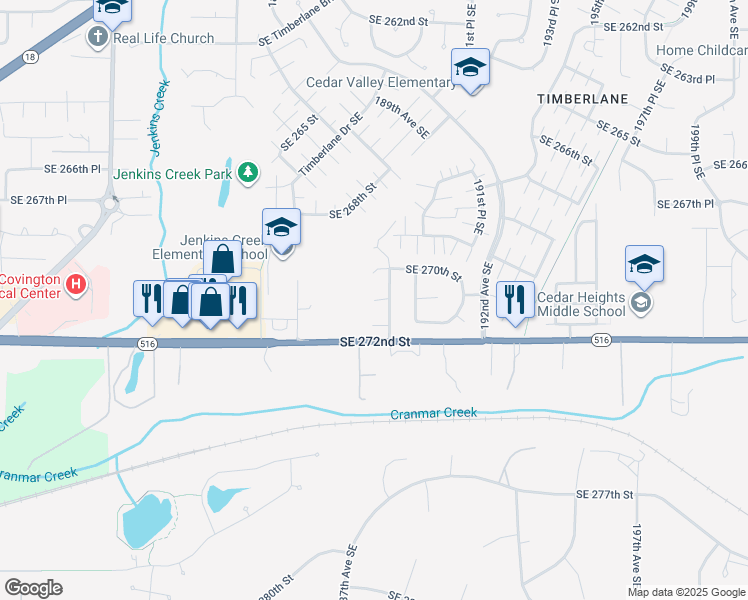 map of restaurants, bars, coffee shops, grocery stores, and more near 18511 Southeast 271st Court in Covington