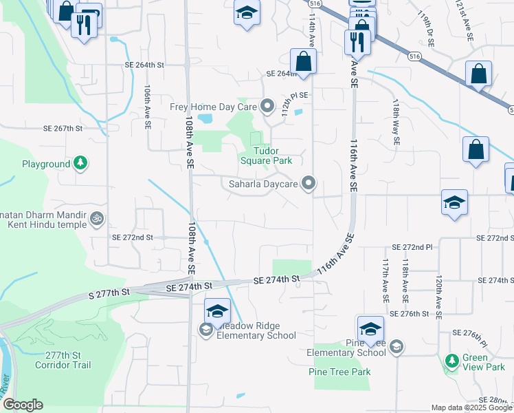 map of restaurants, bars, coffee shops, grocery stores, and more near 11021 Southeast 270th Street in Kent