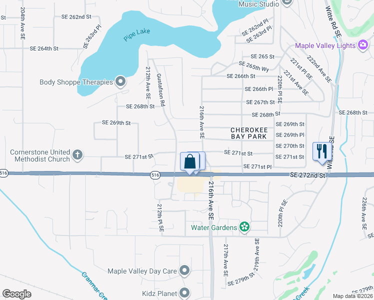 map of restaurants, bars, coffee shops, grocery stores, and more near 21334 Southeast 271st Street in Maple Valley