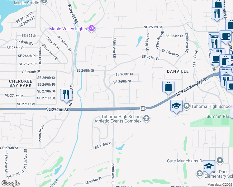 map of restaurants, bars, coffee shops, grocery stores, and more near 27015 228th Place Southeast in Maple Valley