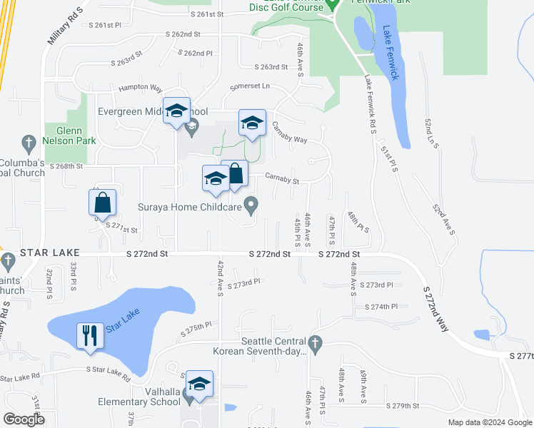 map of restaurants, bars, coffee shops, grocery stores, and more near 4326 South 272nd Street in Kent