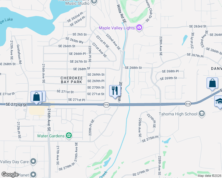 map of restaurants, bars, coffee shops, grocery stores, and more near 27005 223rd Lane Southeast in Maple Valley