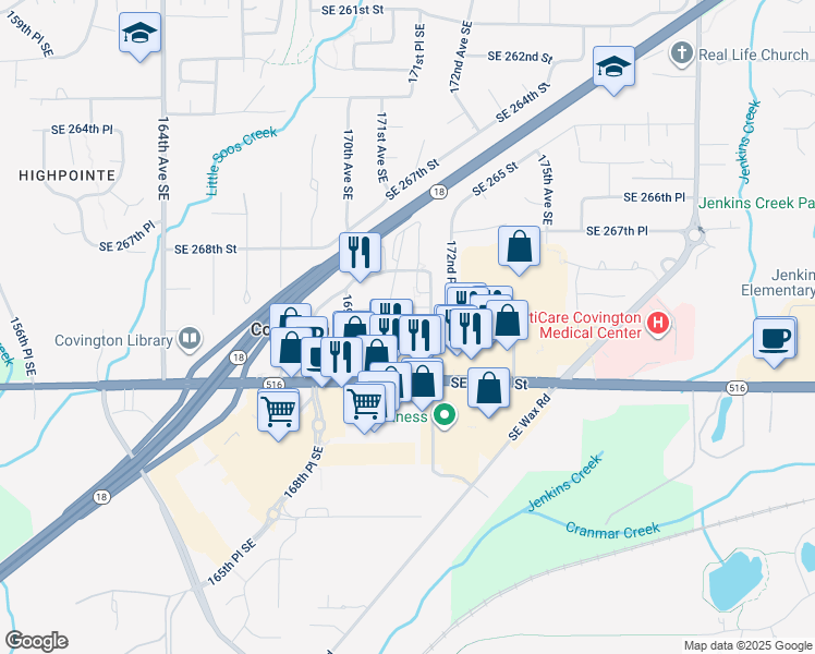 map of restaurants, bars, coffee shops, grocery stores, and more near 17002 Southeast 270th Place in Covington