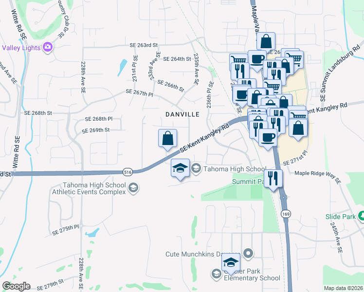 map of restaurants, bars, coffee shops, grocery stores, and more near 26935 235th Avenue Southeast in Maple Valley