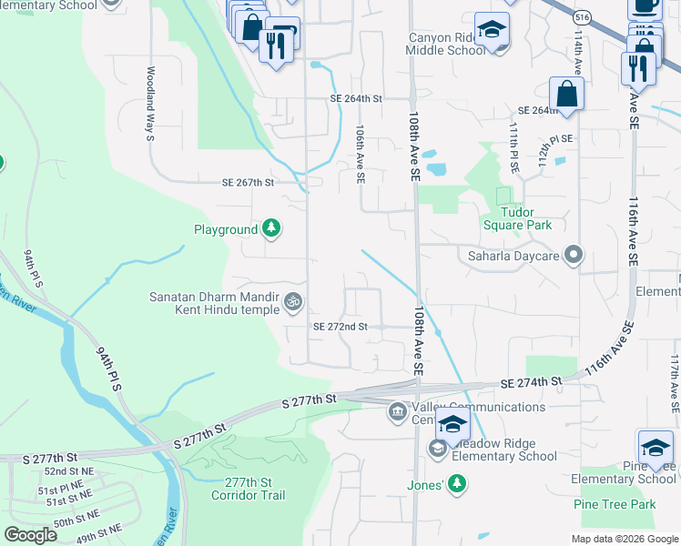 map of restaurants, bars, coffee shops, grocery stores, and more near 27011 105th Avenue Southeast in Kent