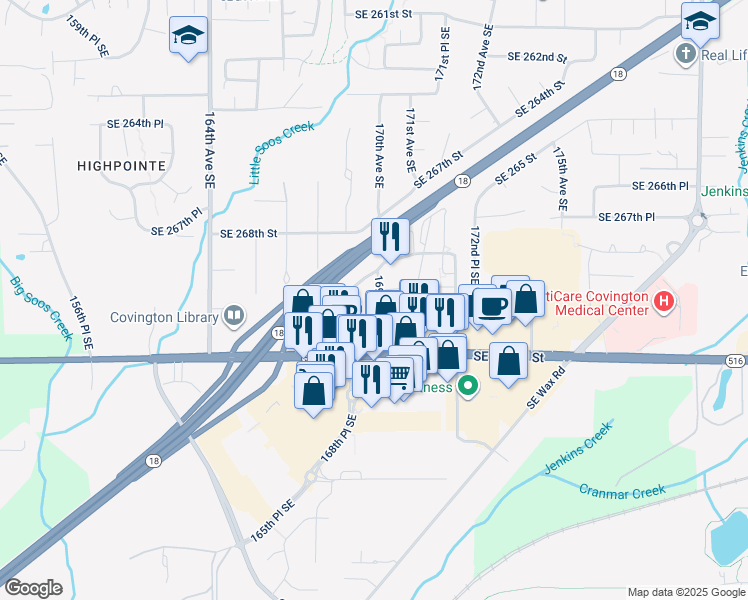 map of restaurants, bars, coffee shops, grocery stores, and more near 27015 169th Place Southeast in Covington