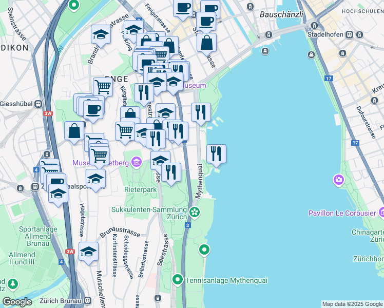 map of restaurants, bars, coffee shops, grocery stores, and more near 50 Mythenquai in Zürich