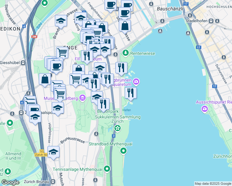 map of restaurants, bars, coffee shops, grocery stores, and more near 50 Mythenquai in Zürich