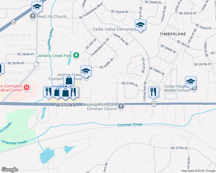 map of restaurants, bars, coffee shops, grocery stores, and more near 27018 187th Place Southeast in Covington