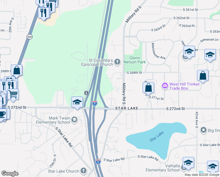 map of restaurants, bars, coffee shops, grocery stores, and more near 26921 30th Place South in Kent