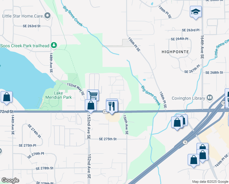 map of restaurants, bars, coffee shops, grocery stores, and more near 15326 Southeast 272nd Street in Kent
