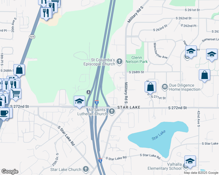 map of restaurants, bars, coffee shops, grocery stores, and more near 26917 30th Place South in Kent