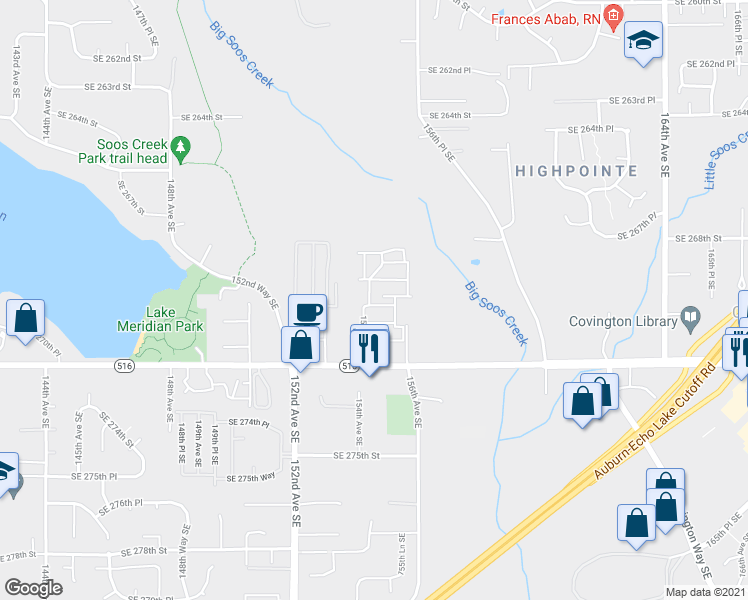 map of restaurants, bars, coffee shops, grocery stores, and more near 15326 Southeast 272nd Street in Kent