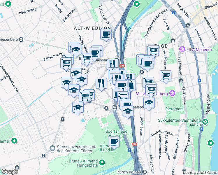 map of restaurants, bars, coffee shops, grocery stores, and more near 20 Edenstrasse in Zürich
