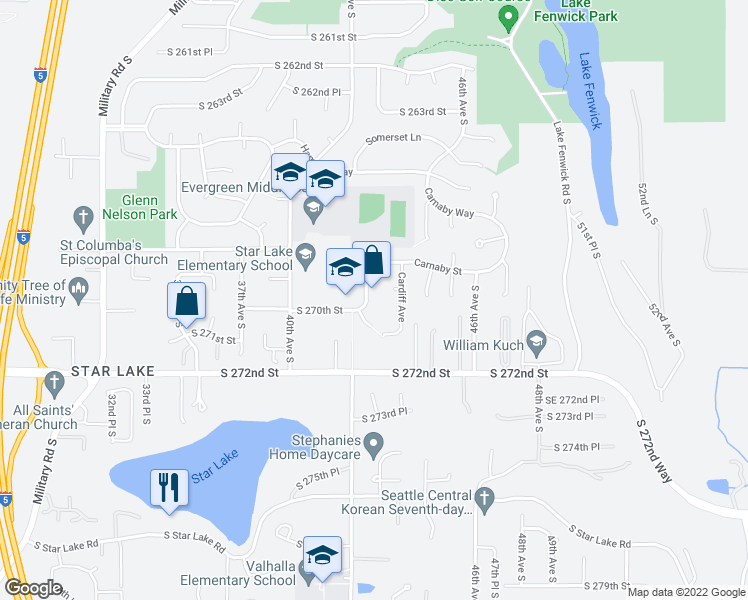 map of restaurants, bars, coffee shops, grocery stores, and more near 26854 Downing Avenue in Kent
