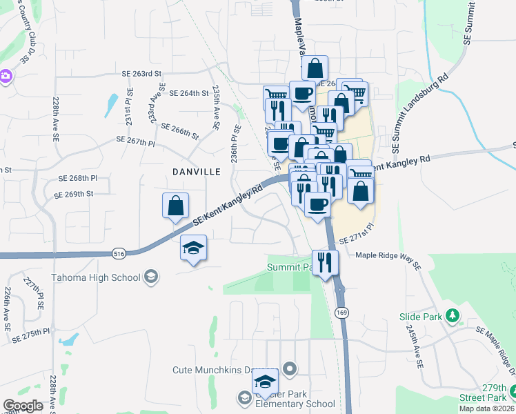 map of restaurants, bars, coffee shops, grocery stores, and more near 23606 Southeast 269th Court in Maple Valley