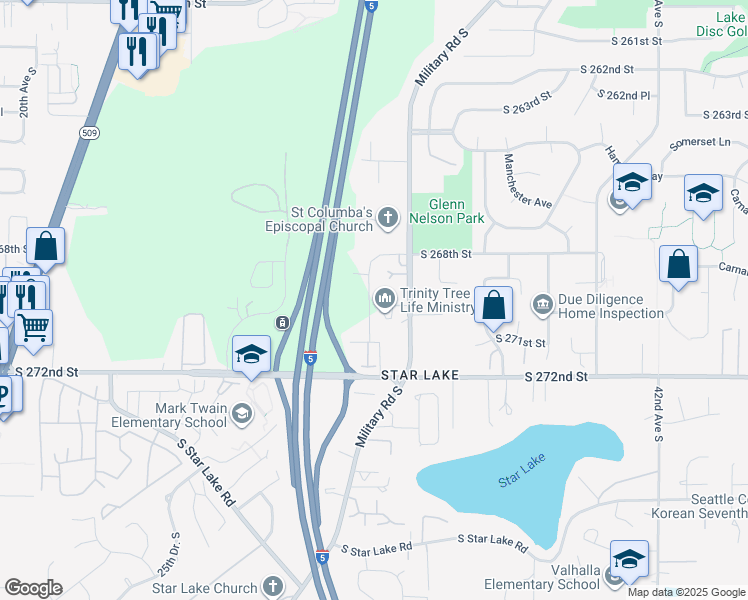 map of restaurants, bars, coffee shops, grocery stores, and more near 26910 30th Place South in Kent