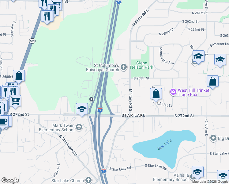 map of restaurants, bars, coffee shops, grocery stores, and more near 26913 30th Place South in Kent
