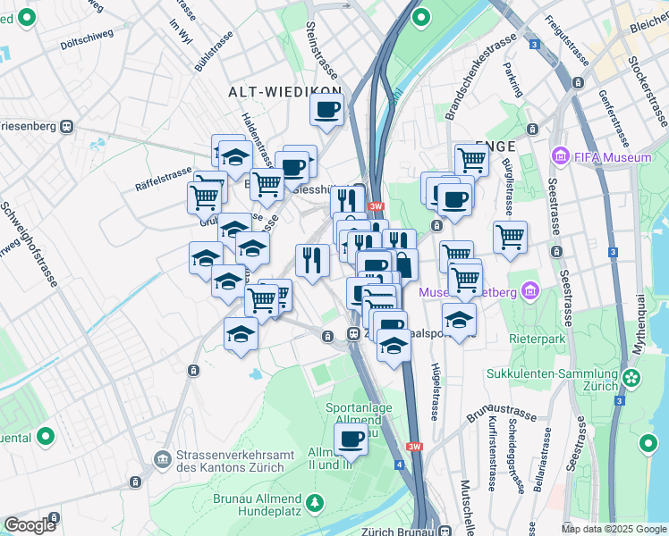 map of restaurants, bars, coffee shops, grocery stores, and more near 20 Edenstrasse in Zürich