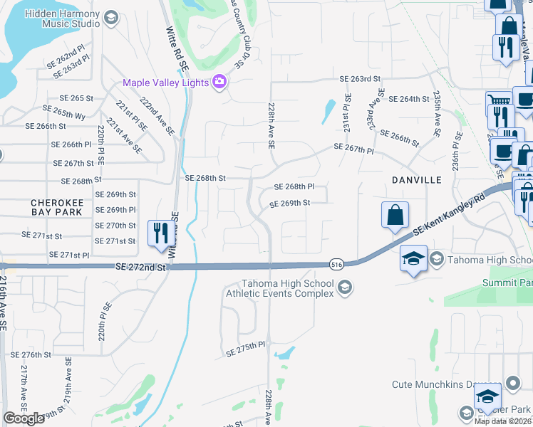 map of restaurants, bars, coffee shops, grocery stores, and more near 27015 228th Place Southeast in Maple Valley