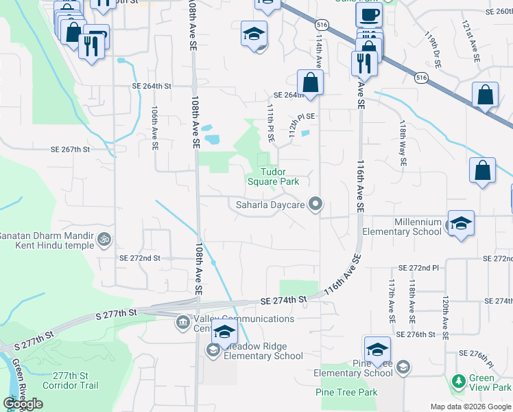 map of restaurants, bars, coffee shops, grocery stores, and more near 11021 Southeast 270th Street in Kent