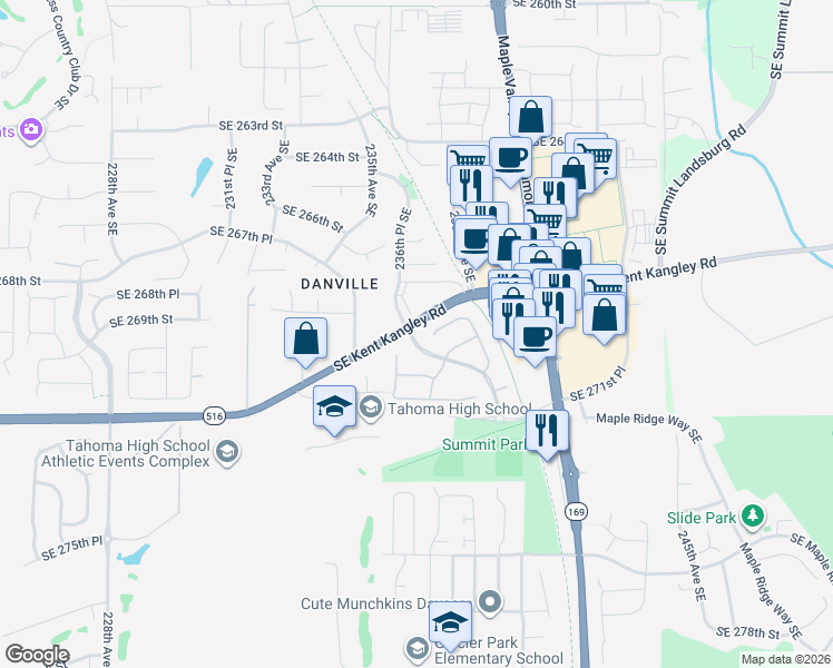 map of restaurants, bars, coffee shops, grocery stores, and more near 23606 Southeast 269th Court in Maple Valley
