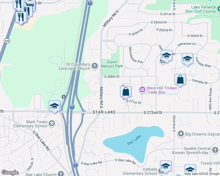 map of restaurants, bars, coffee shops, grocery stores, and more near 3315 South 269th Street in Kent